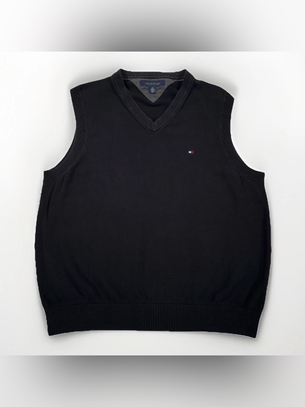 Tommy Hilfiger Sweater Vest Mens Large Black 100% Cotton V-Neck Classic Logo